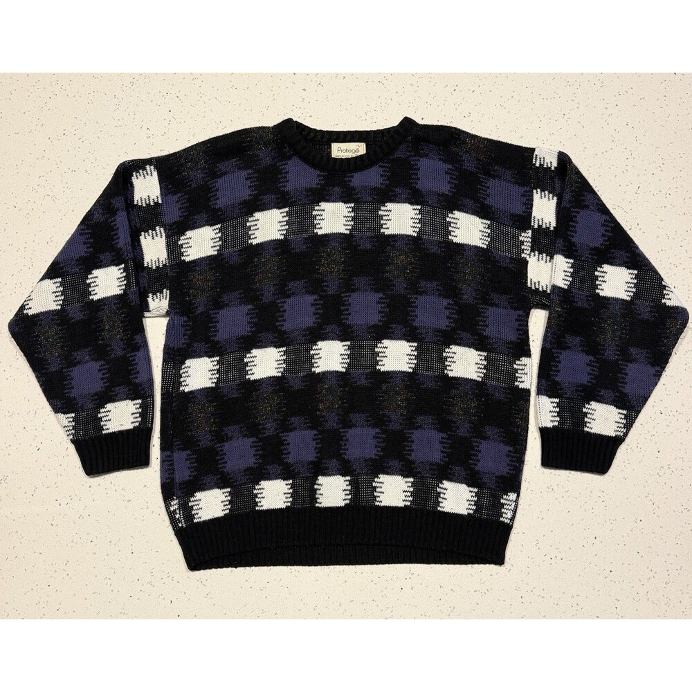 Protege Sweater Adult Large Black Purple Check Pattern Retro Crewneck Fleck 80s